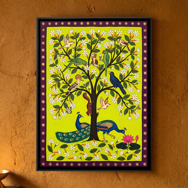 Night Jasmine Tree with Birds and Peacocks in Gold