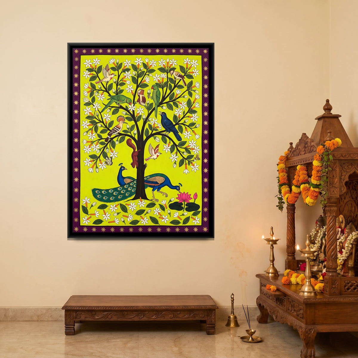 Night Jasmine Tree with Peacocks - canvas art shown in a styled room
