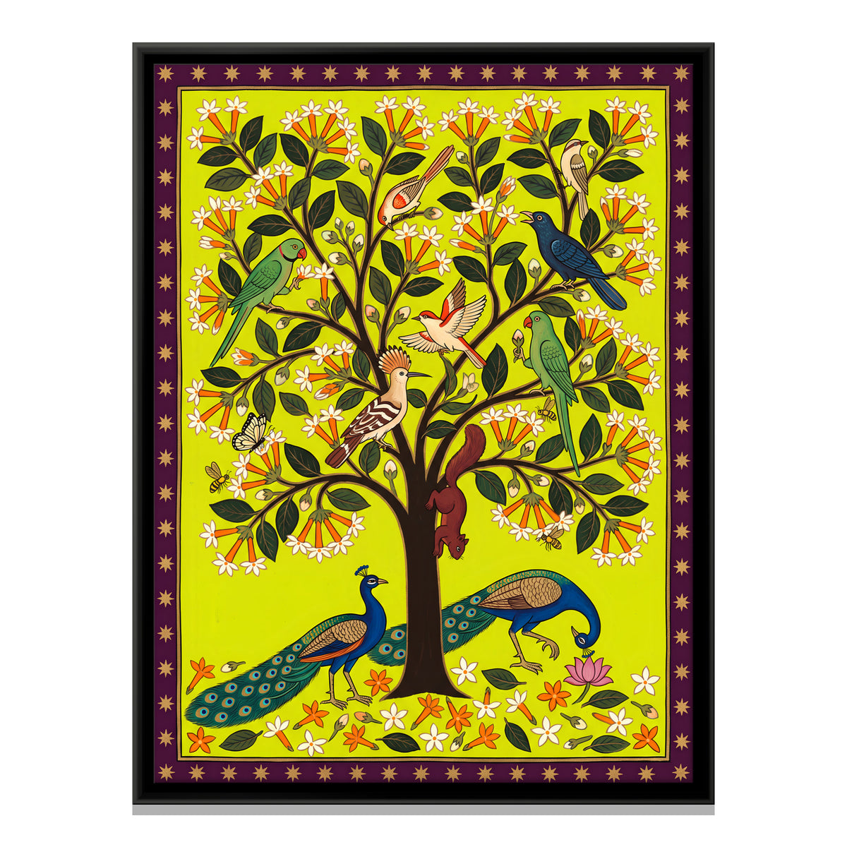 Night Jasmine Tree with Peacocks - framed canvas print, front view