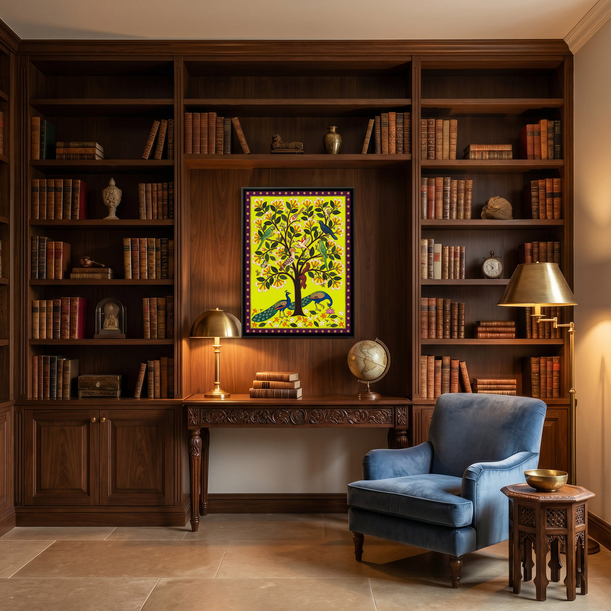 Night Jasmine Tree with Peacocks - canvas art shown in a second room setting