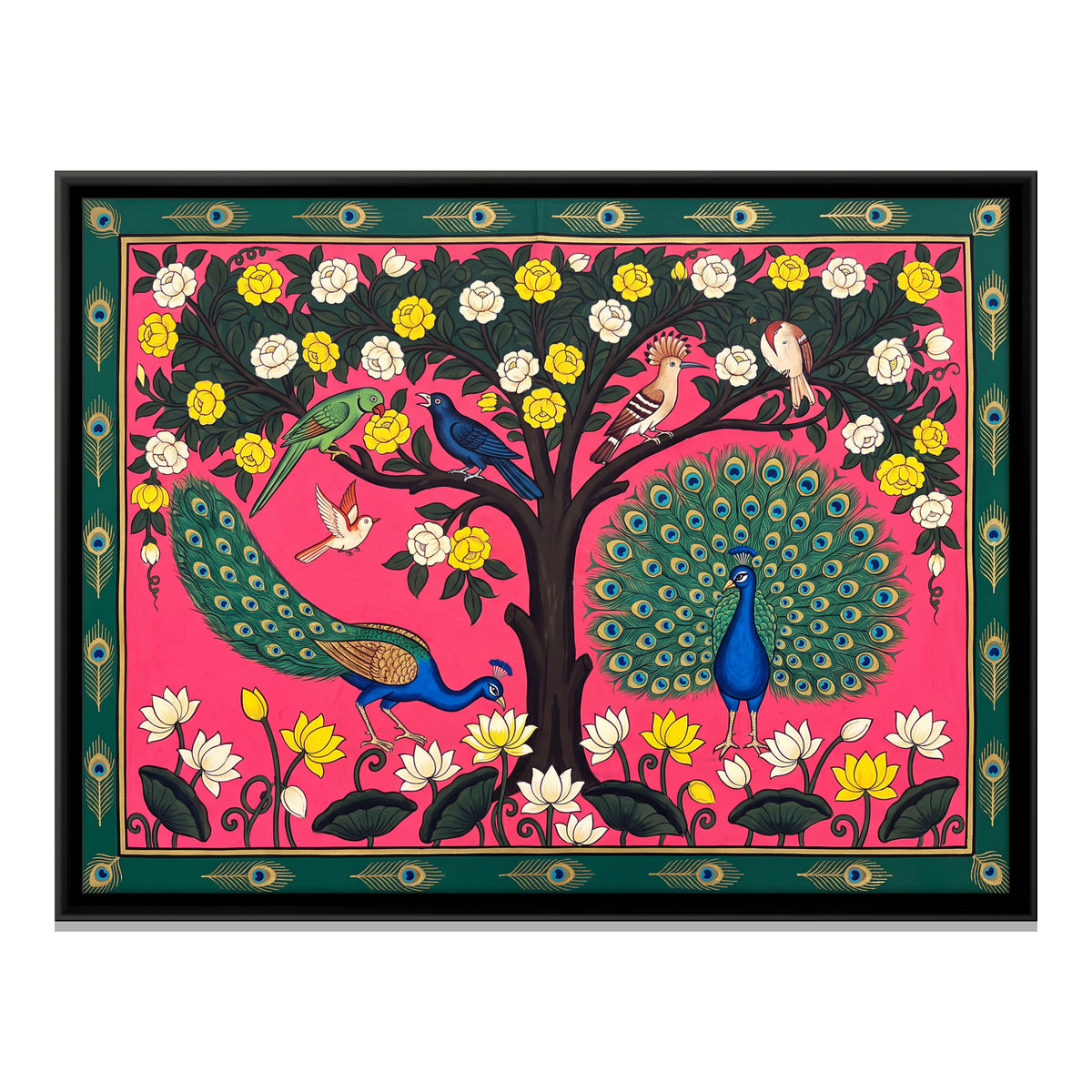 Blossom Tree with Peacocks - framed canvas print, front view