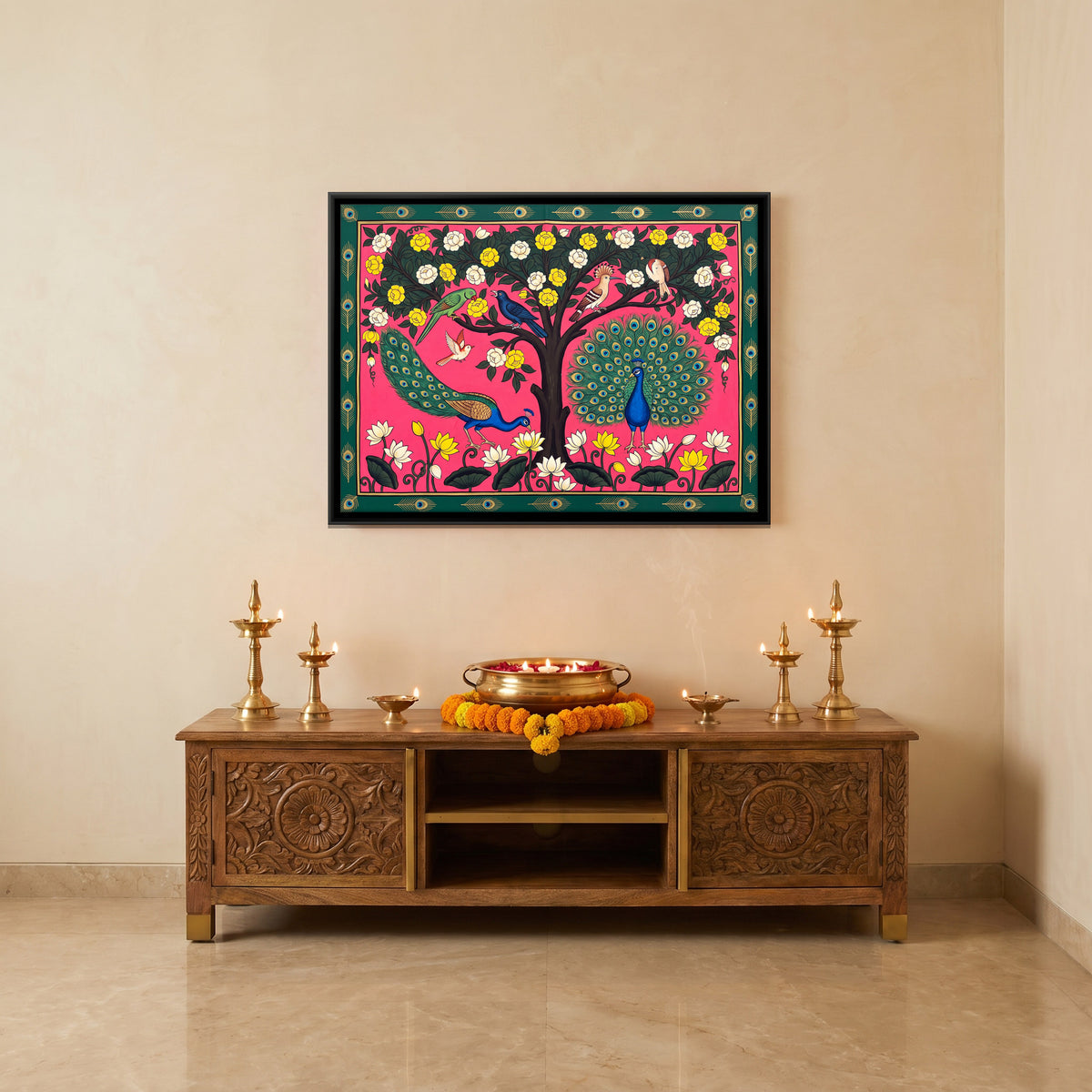 Blossom Tree with Peacocks - canvas art shown in a styled room