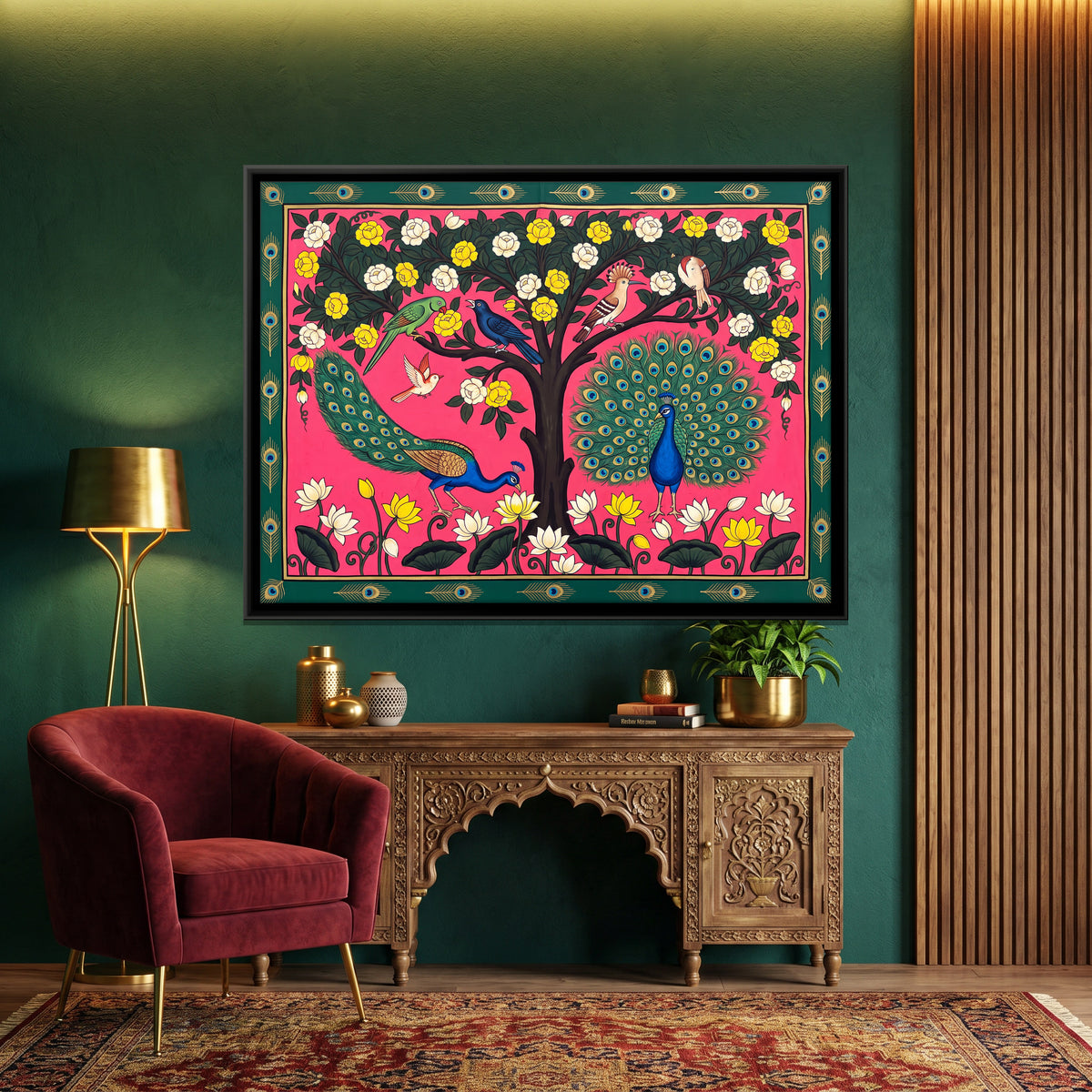 Blossom Tree with Peacocks - canvas art shown in a second room setting