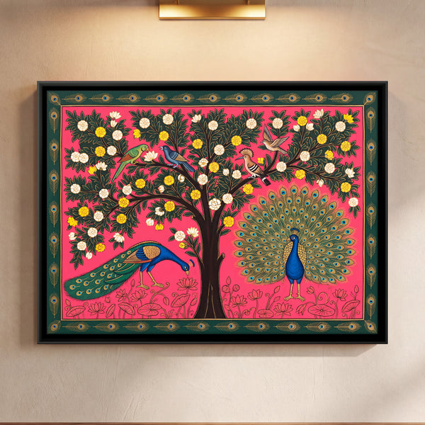 Blossom Tree with Peacocks and Lotus in Crimson