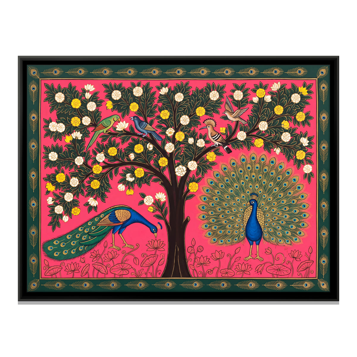 Blossom Tree with Peacocks - framed canvas print, front view