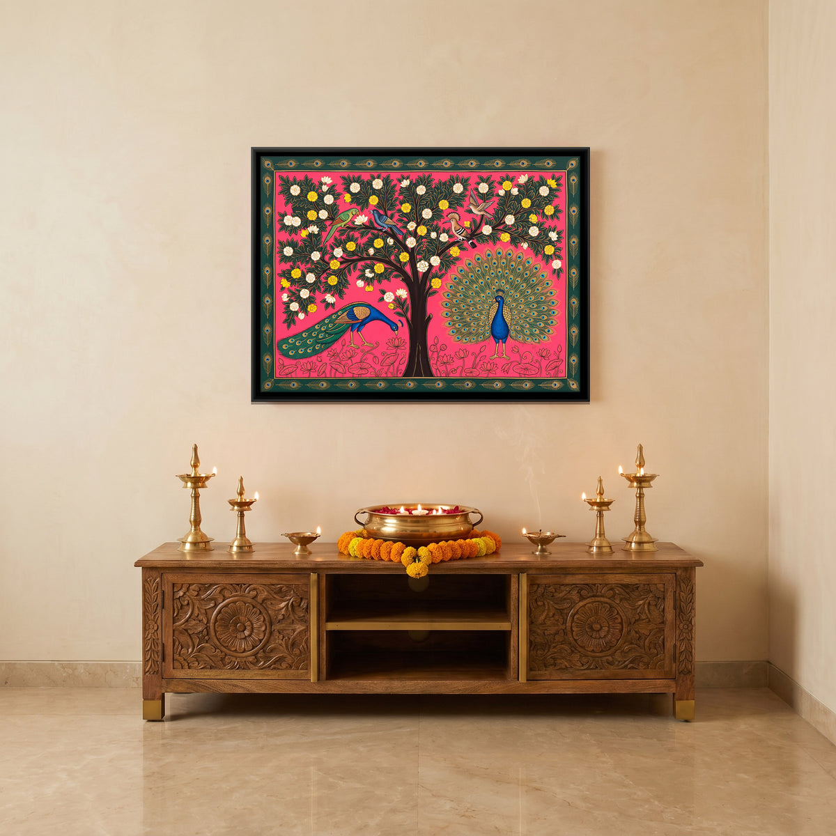 Blossom Tree with Peacocks - canvas art shown in a styled room