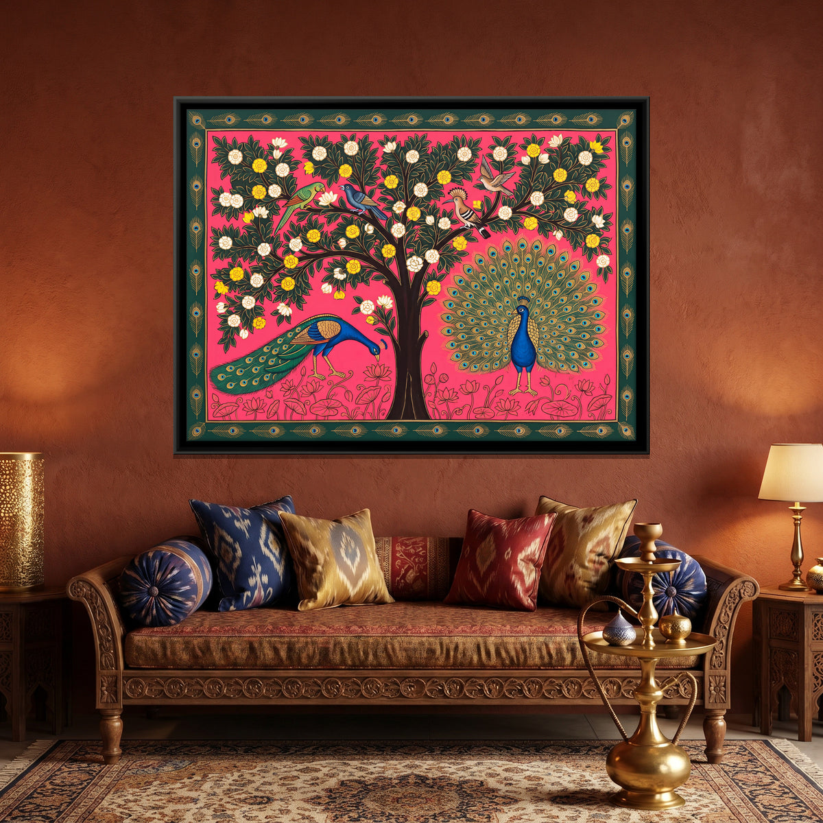 Blossom Tree with Peacocks - canvas art shown in a second room setting