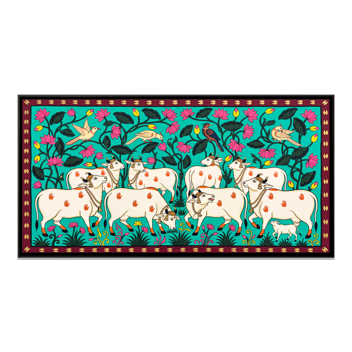 Herd of White Cows - framed canvas print, front view