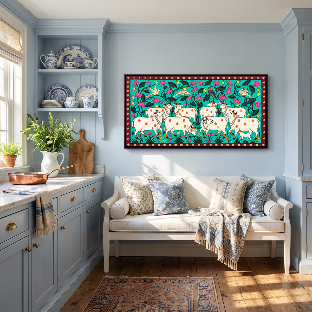 Herd of White Cows - canvas art shown in a styled room