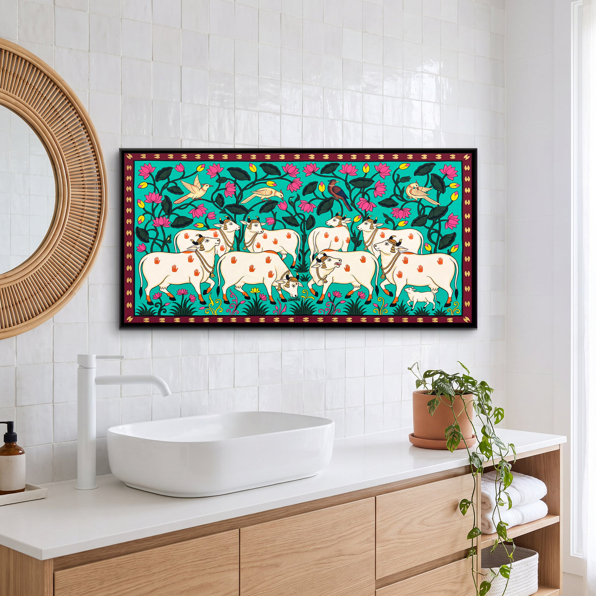 Herd of White Cows - canvas art shown in a second room setting