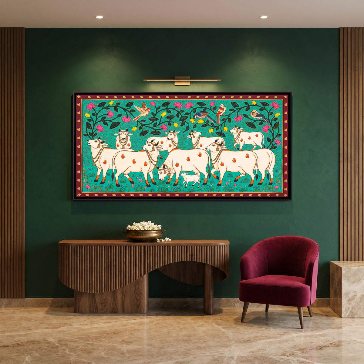 Herd of White Cows - canvas art shown in a second room setting