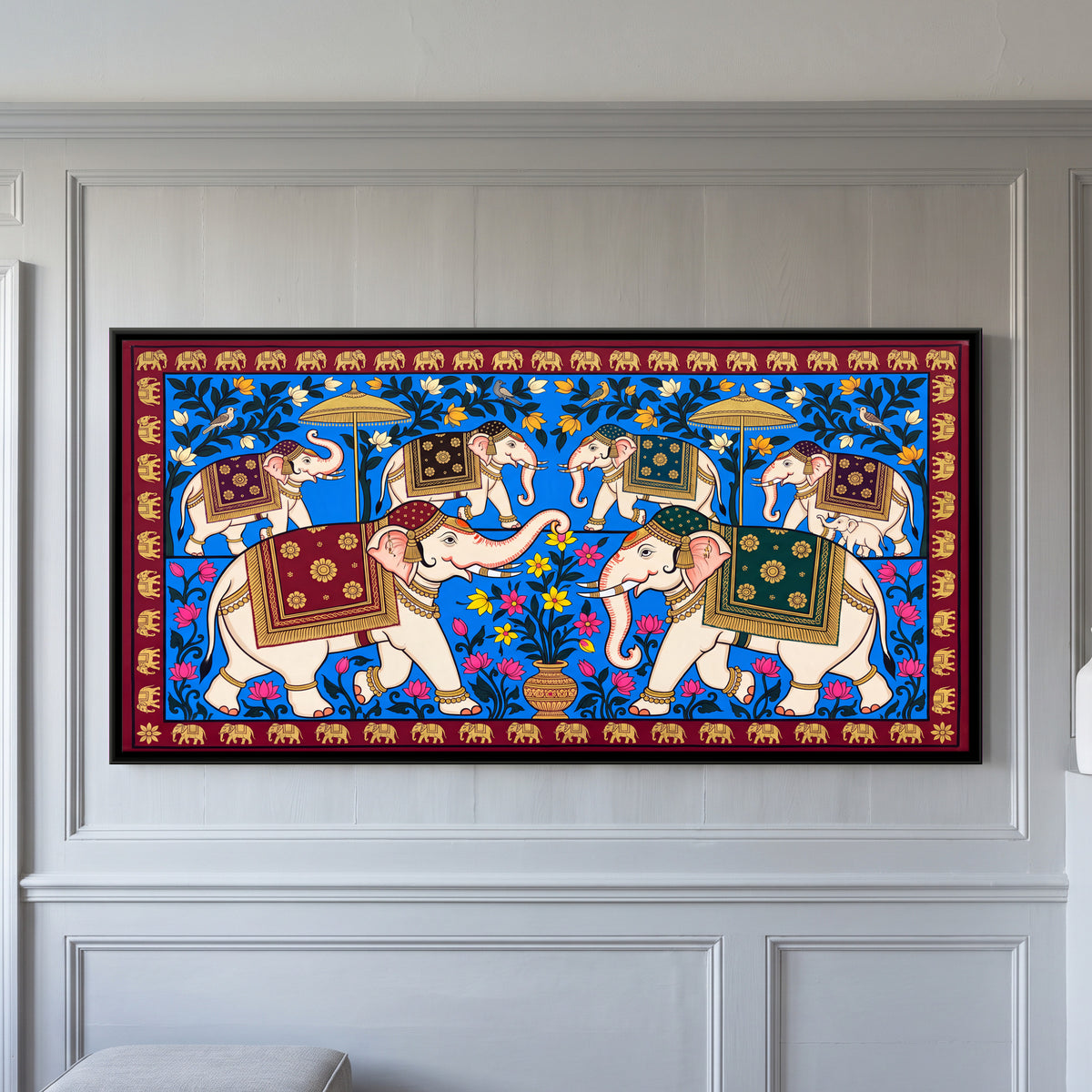 Elephant Procession - framed canvas art hung on a wall