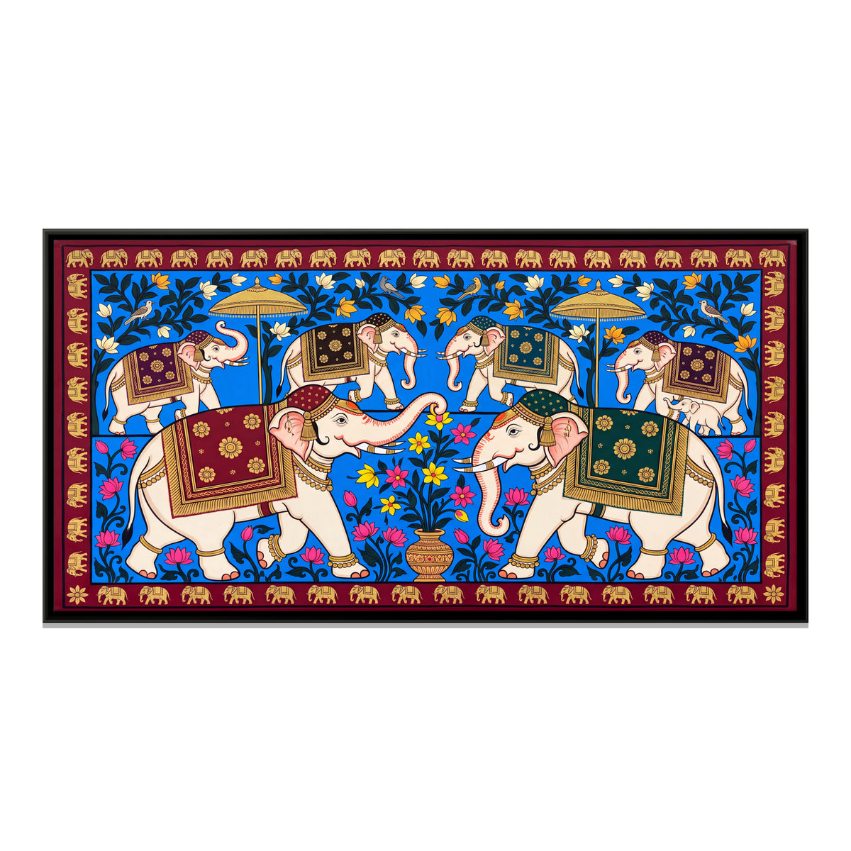Elephant Procession - framed canvas print, front view