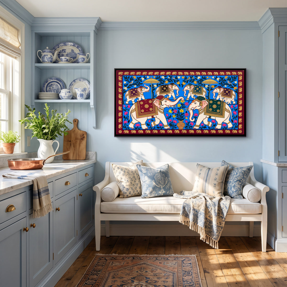 Elephant Procession - canvas art shown in a styled room