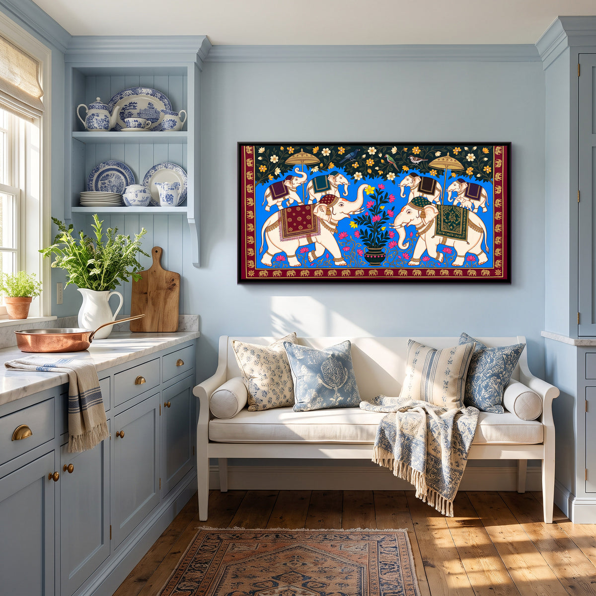 Elephant Procession - canvas art shown in a styled room