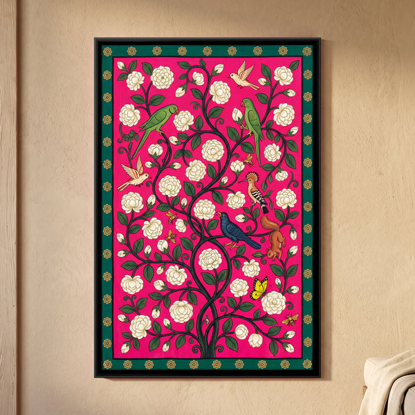 White Flowering Vine with Birds in Rose