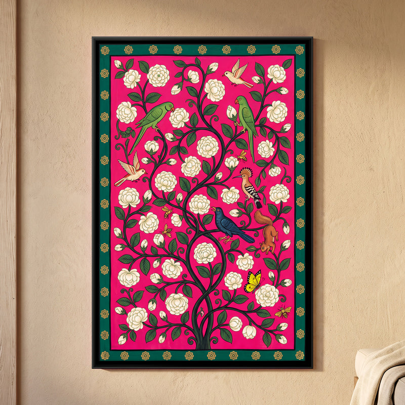 White Jasmine Vine with Birds - framed canvas art hung on a wall