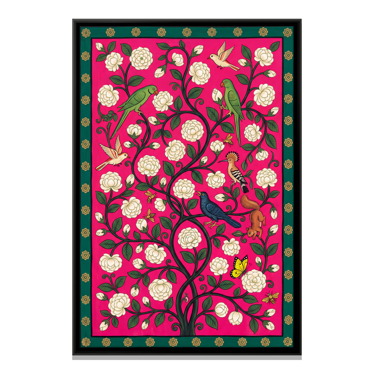 White Jasmine Vine with Birds - framed canvas print, front view