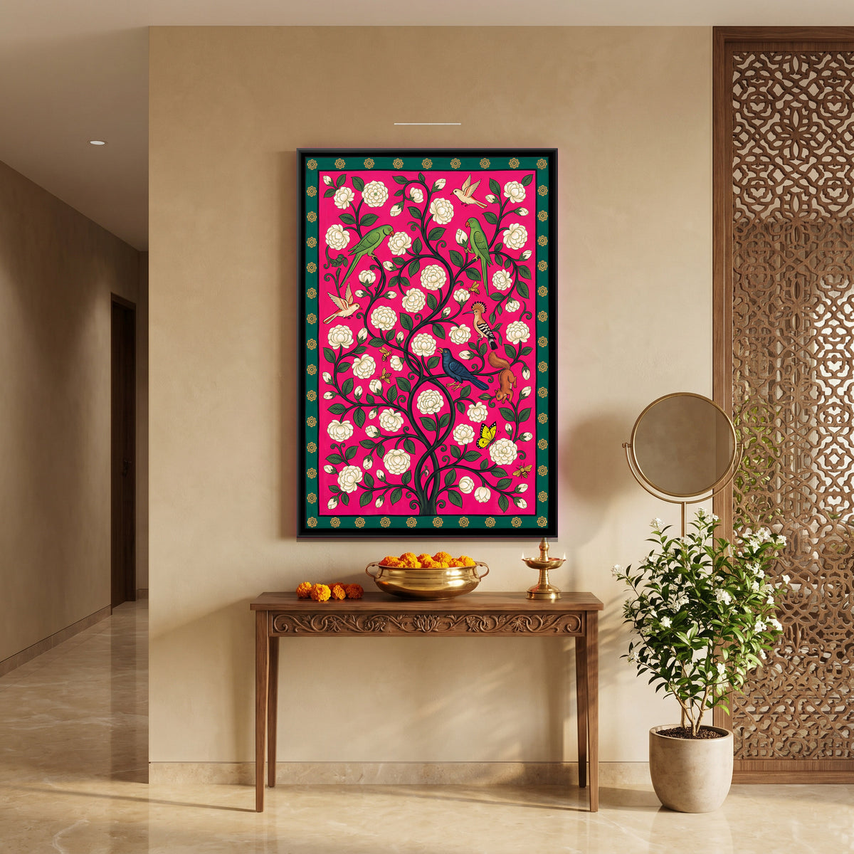White Jasmine Vine with Birds - canvas art shown in a second room setting