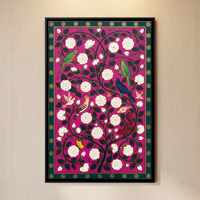 White Jasmine Vine with Birds - framed canvas art hung on a wall