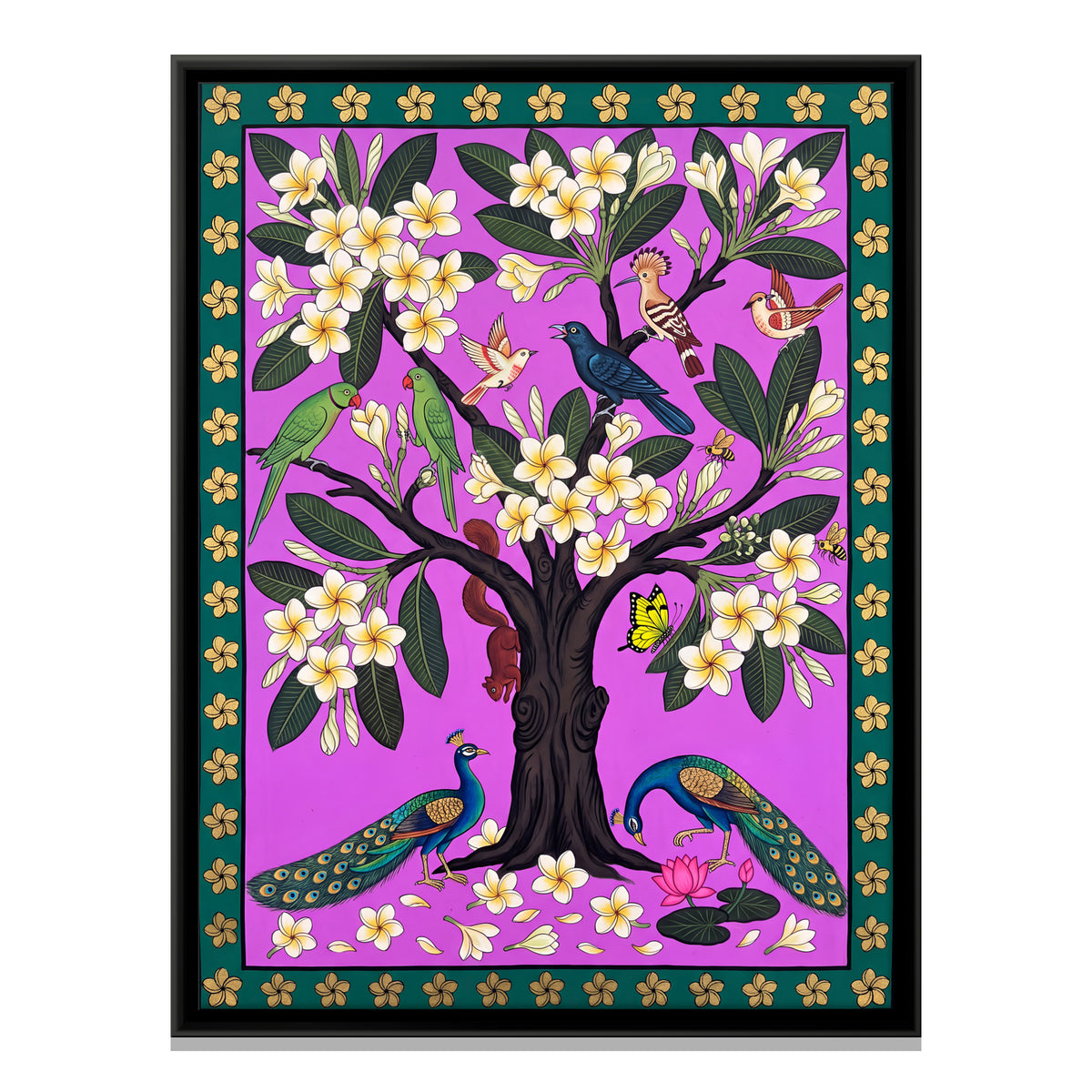 Frangipani Tree with Peacocks - framed canvas print, front view