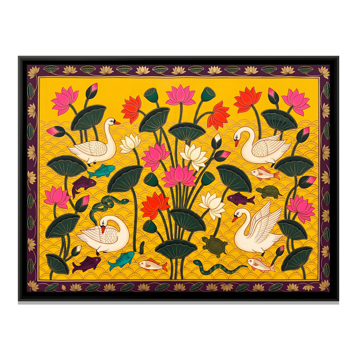 Swans Among Lotus - framed canvas print, front view