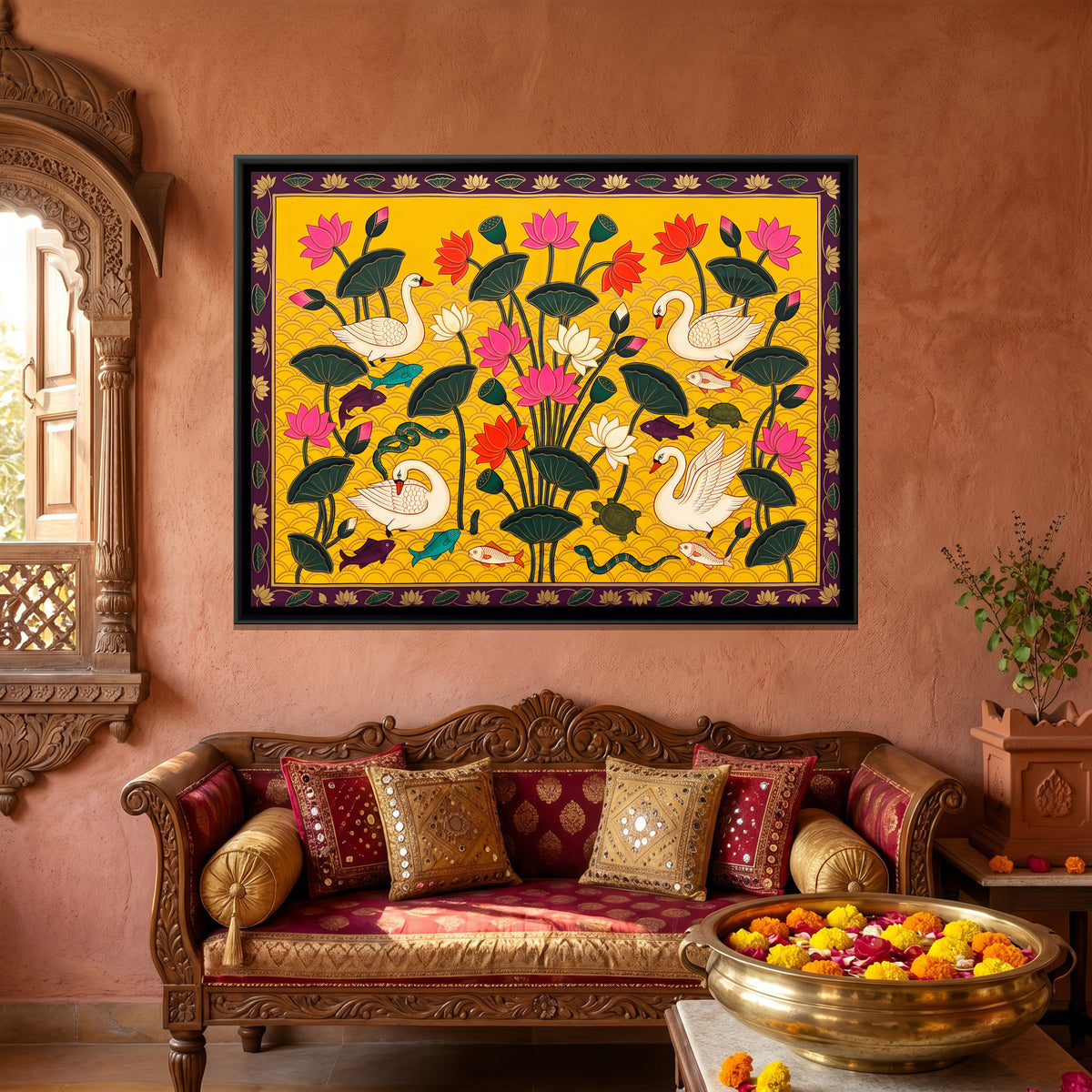 Swans Among Lotus - canvas art shown in a styled room