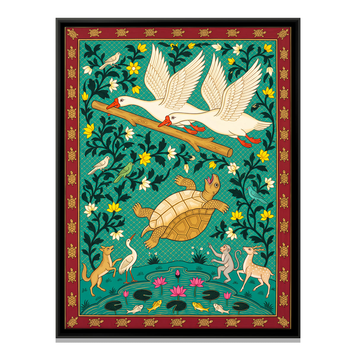 The Tortoise and the Two Swans - framed canvas print, front view