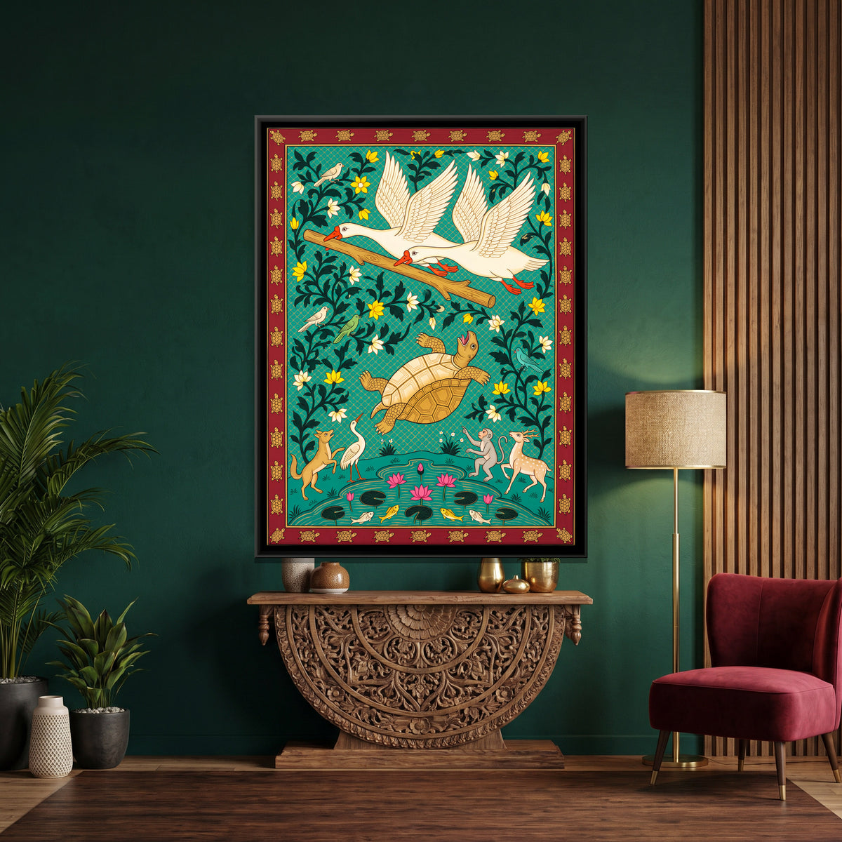 The Tortoise and the Two Swans - canvas art shown in a styled room