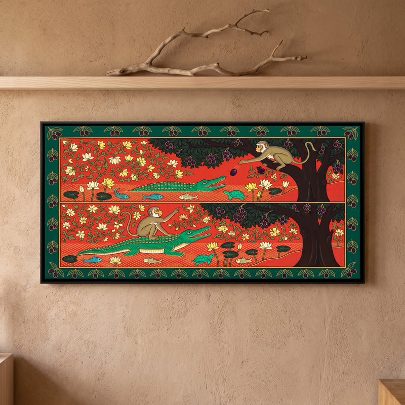 The Monkey and the Crocodile - framed canvas art hung on a wall