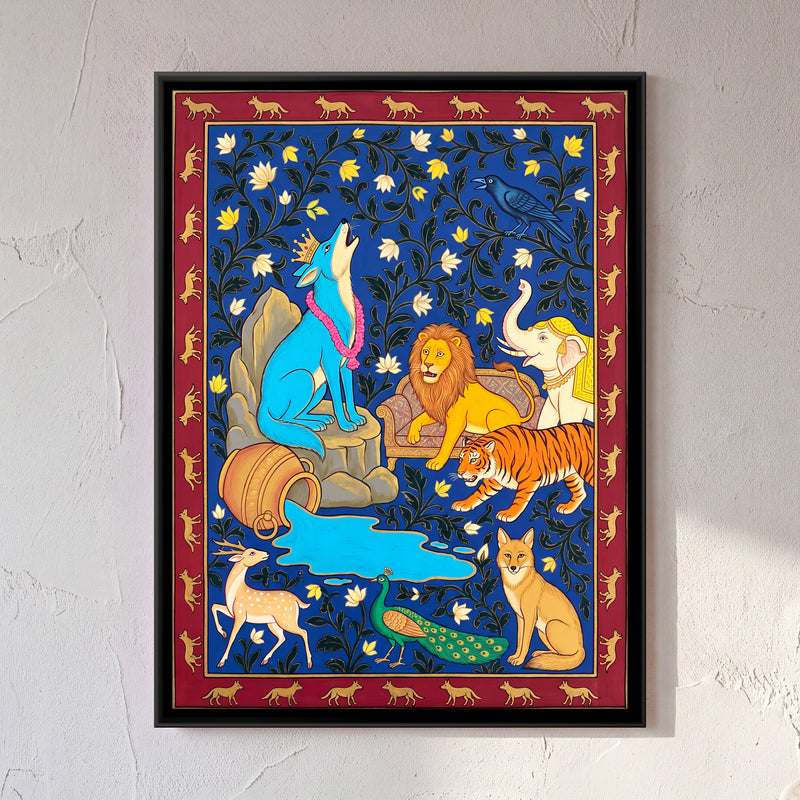 The Blue Jackal - framed canvas art hung on a wall