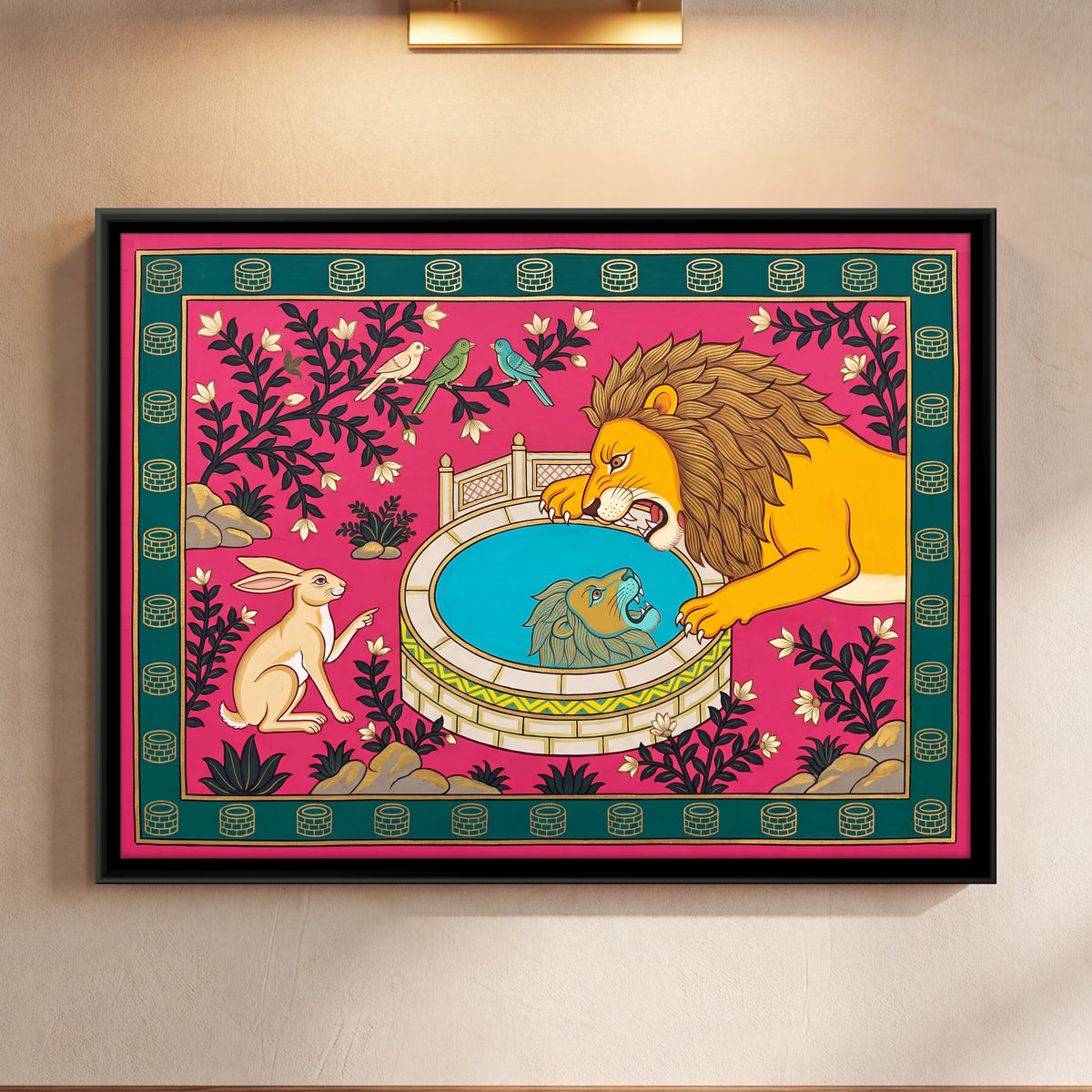 The Lion and the Hare - framed canvas art hung on a wall