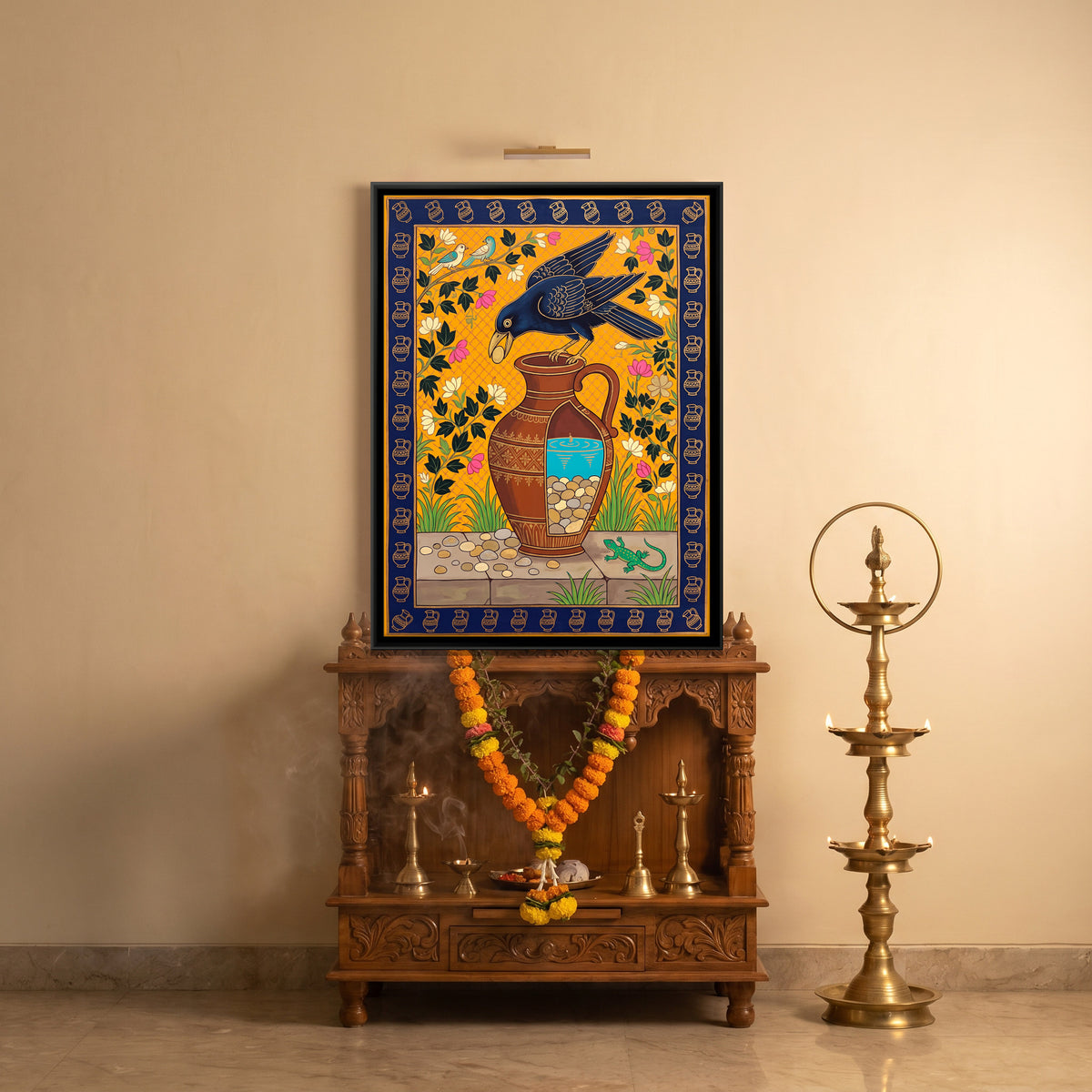 The Thirsty Crow - canvas art shown in a styled room