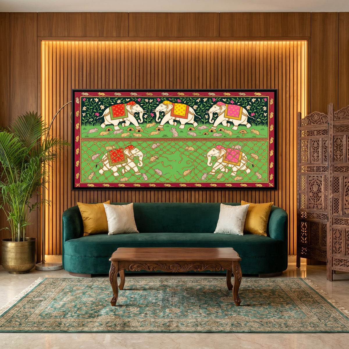 The Elephants and the Mice - canvas art shown in a styled room