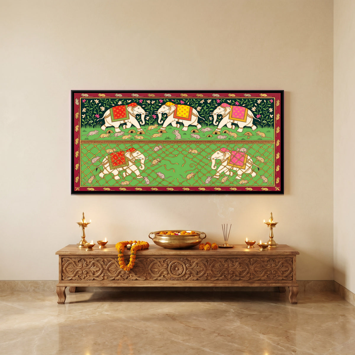 The Elephants and the Mice - canvas art shown in a second room setting