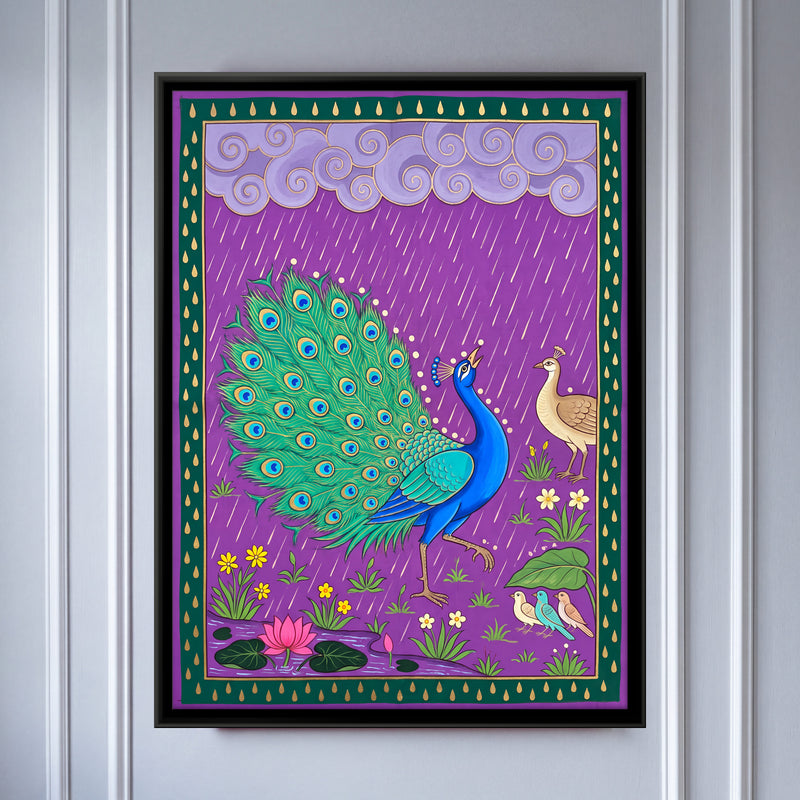 Peacock Dancing in the Rain - framed canvas art hung on a wall