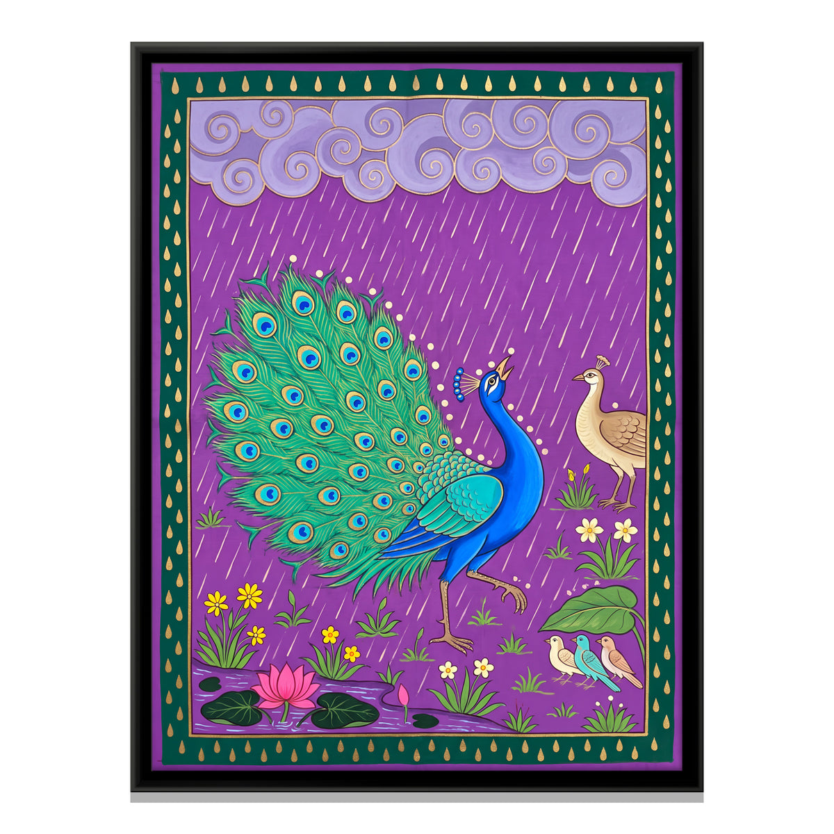 Peacock Dancing in the Rain - framed canvas print, front view
