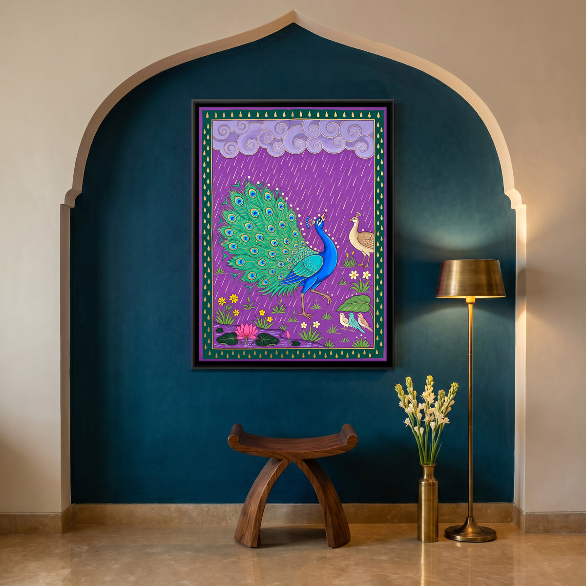 Peacock Dancing in the Rain - canvas art shown in a styled room