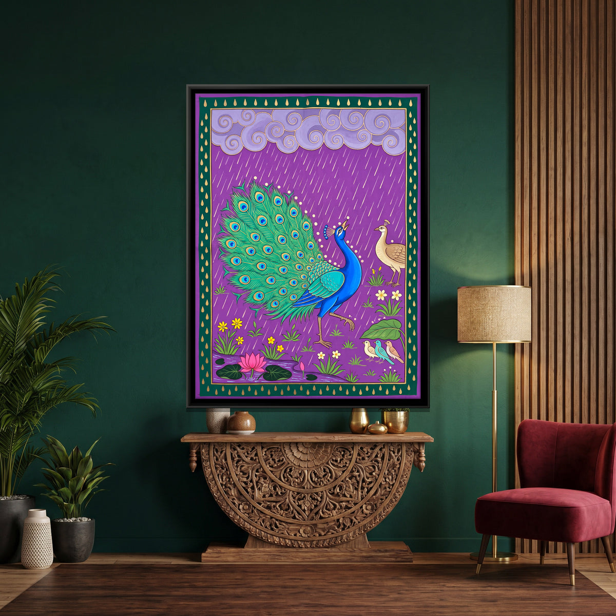Peacock Dancing in the Rain - canvas art shown in a second room setting