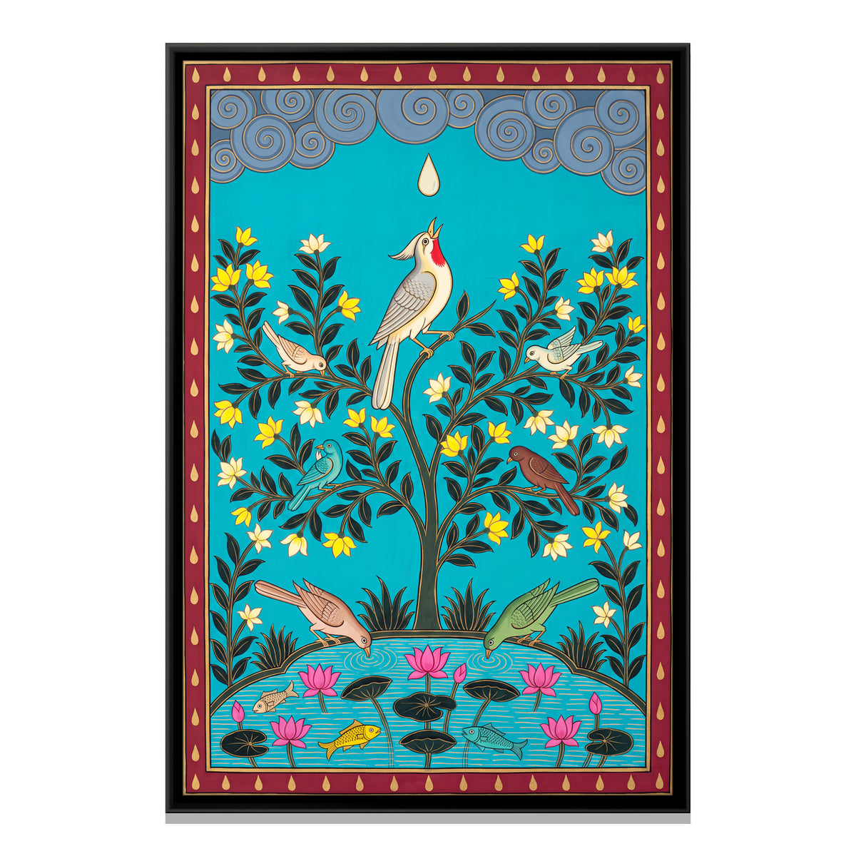 The Bird and the Raindrop - framed canvas print, front view