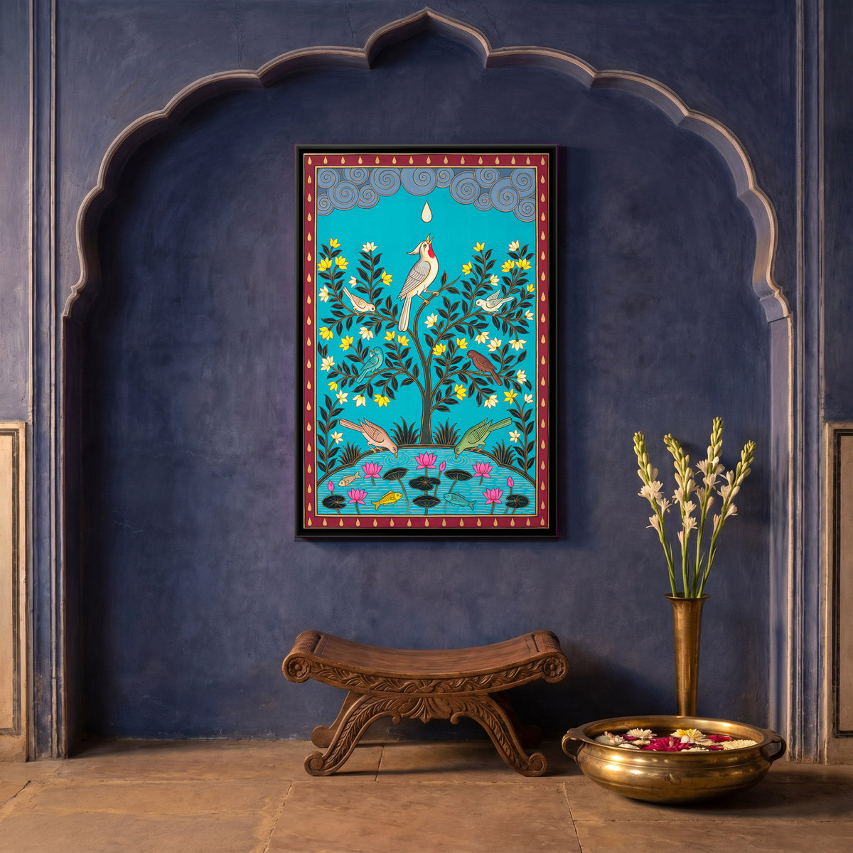 The Bird and the Raindrop - canvas art shown in a styled room