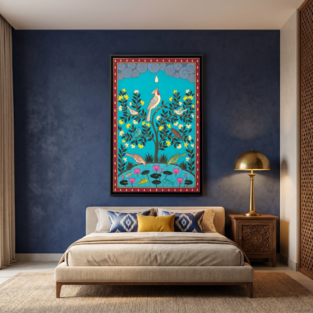 The Bird and the Raindrop - canvas art shown in a second room setting