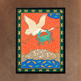 Crane Holding a Crab Above Fish Bones