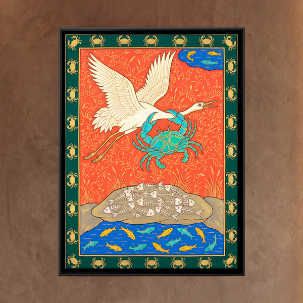 Crane Holding a Crab Above Fish Bones