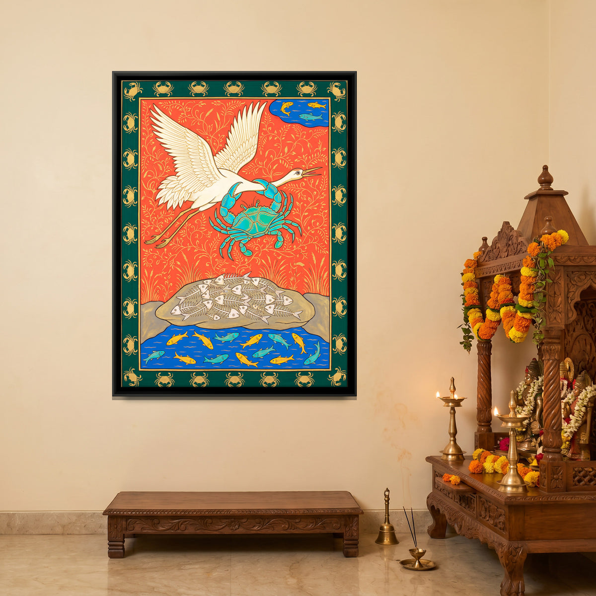 The Crane and the Crab - canvas art shown in a styled room