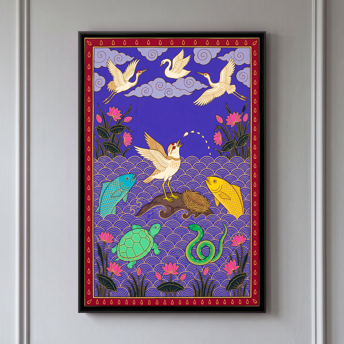 The Sandpiper and the Sea - framed canvas art hung on a wall