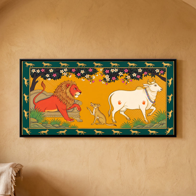 The Lion and the Bull - framed canvas art hung on a wall