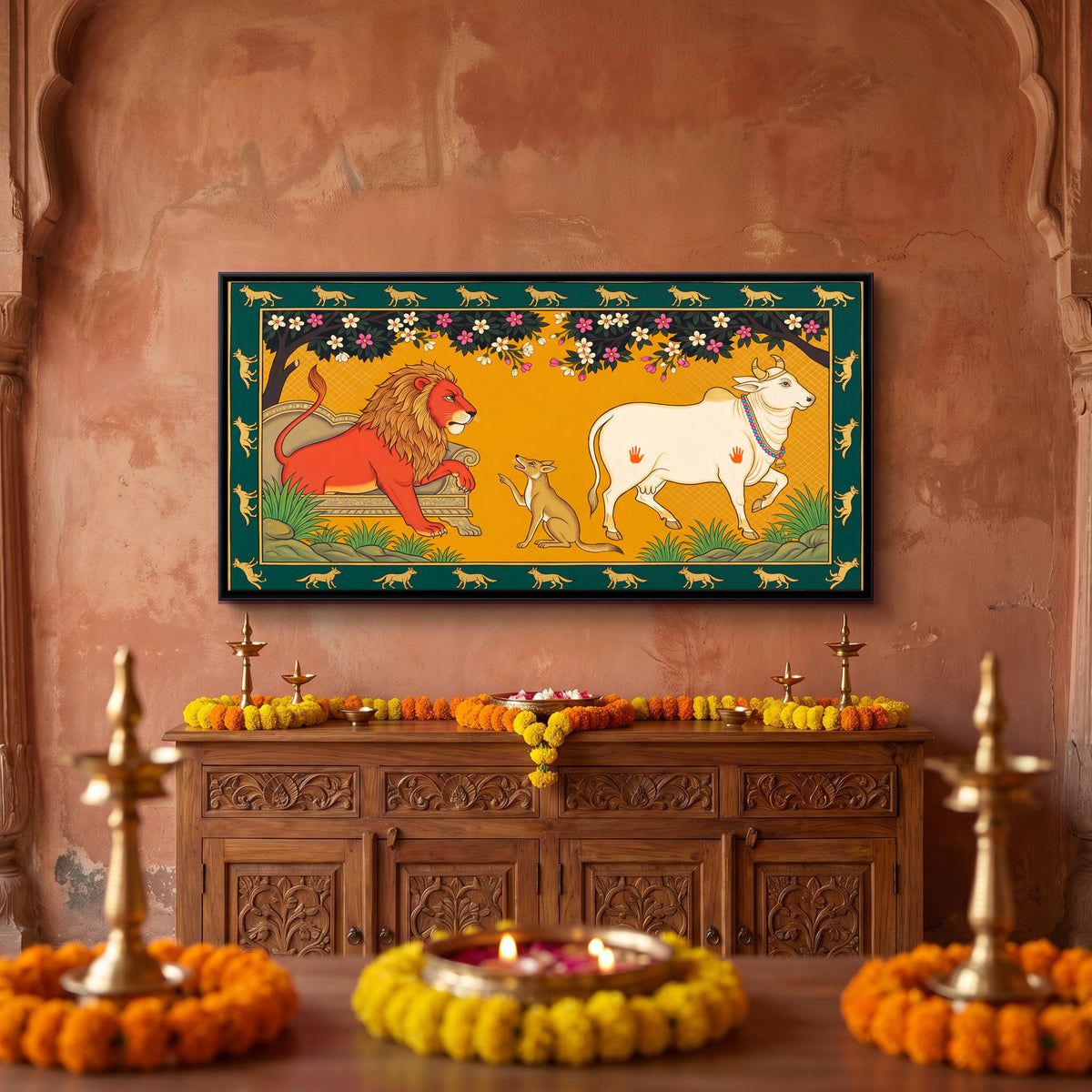 The Lion and the Bull - canvas art shown in a styled room
