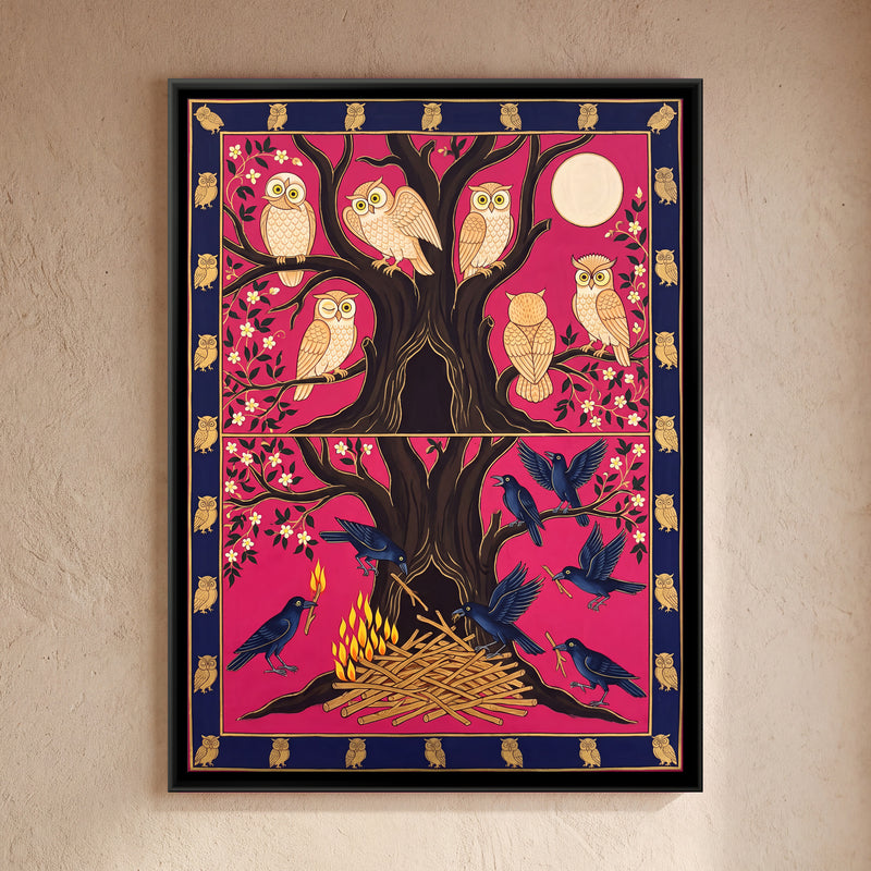 The Crows and the Owls - framed canvas art hung on a wall