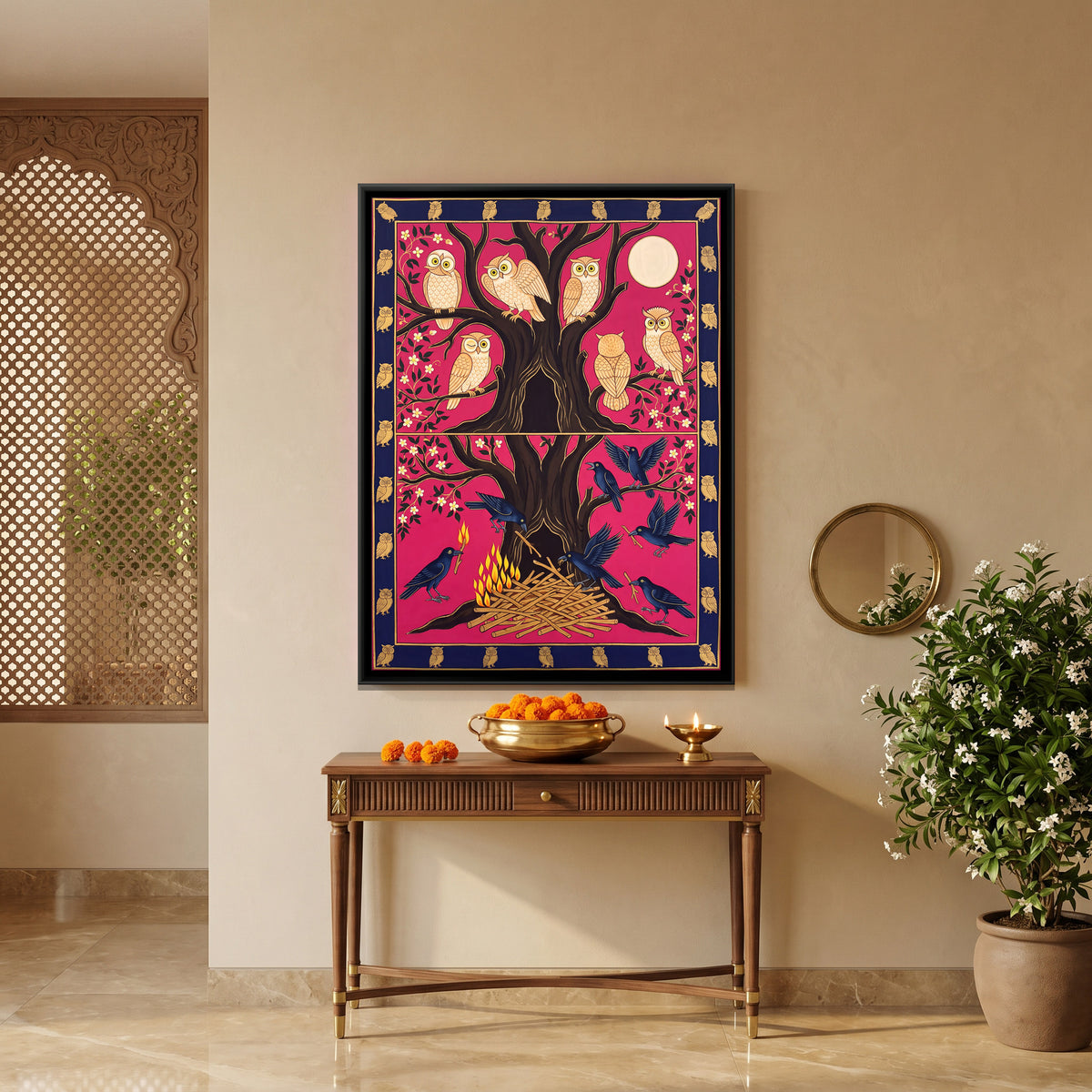 The Crows and the Owls - canvas art shown in a second room setting